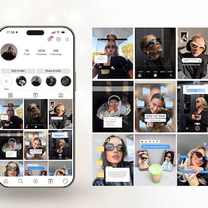 K&ouml;nnte beinhalten: Ein Smartphone-Bildschirm zeigt ein Instagram-Profil mit mehreren Fotos. Das Profil zeigt eine Frau mit Sonnenbrille. Das Profil hat 75 Beitr&auml;ge, 237.000 Follower und 240 Abonnements. Der Text "HOW I HIT 100K" ist sichtbar.