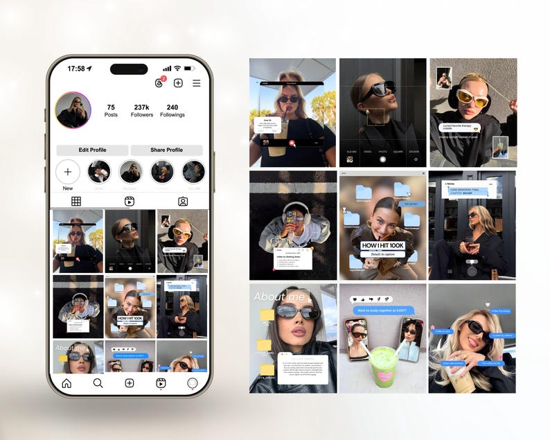 K&ouml;nnte beinhalten: Ein Smartphone-Bildschirm zeigt ein Instagram-Profil mit mehreren Fotos. Das Profil zeigt eine Frau mit Sonnenbrille. Das Profil hat 75 Beitr&auml;ge, 237.000 Follower und 240 Abonnements. Der Text "HOW I HIT 100K" ist sichtbar.