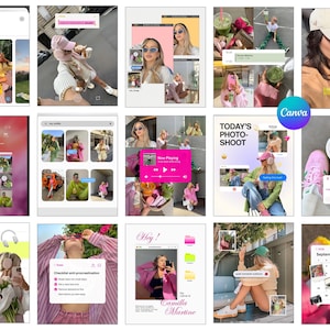 May include: A collage of images featuring fashion and lifestyle content. The images showcase various outfits, accessories, and social media-style graphics. The color palette includes pink, green, yellow, and white.