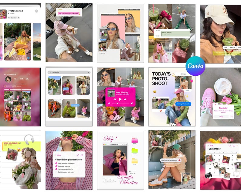 May include: A collage of images featuring fashion and lifestyle content. The images showcase various outfits, accessories, and social media-style graphics. The color palette includes pink, green, yellow, and white.