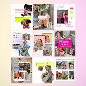 May include: A collage of nine images with a pink and white theme. The images feature a person in various outfits, with text overlays such as "Today's Photo-Shoot" and "Hey! Camilla Martine". The overall aesthetic is modern and stylish.