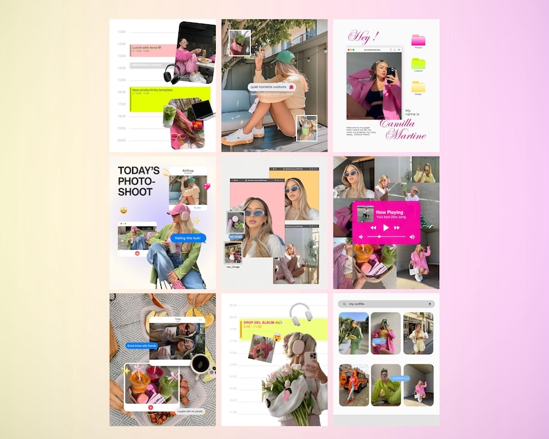 May include: A collage of nine images with a pink and white theme. The images feature a person in various outfits, with text overlays such as "Today's Photo-Shoot" and "Hey! Camilla Martine". The overall aesthetic is modern and stylish.