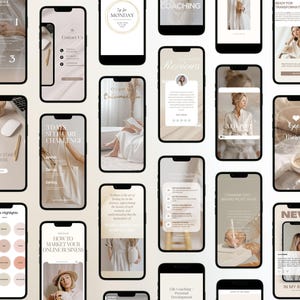 Peut inclure: Une collection d'&eacute;crans de smartphone affichant divers mod&egrave;les de r&eacute;seaux sociaux avec une palette de couleurs beige et blanc neutre. Les designs pr&eacute;sentent une typographie minimaliste, des photos lifestyle et des mises en page structur&eacute;es.