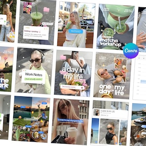 Könnte beinhalten: Eine Sammlung von Social-Media-Beitragsvorlagen mit Lifestyle-Fotografie, darunter Bilder von Matcha-Getränken, Kaffee, Parkspaziergängen und täglichen Routinen, überlagert mit Textfeldern, digitalen Stickern und dem Canva-Logo.