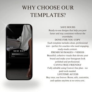 Może przedstawiać: Smartfon wyświetla ekran ładowania "NEW DAY", z tekstem "WHY CHOOSE OUR TEMPLATES?" powyżej. Obraz promuje gotowe projekty do medi&oacute;w społecznościowych, podkreślając kompatybilność z Canva i dożywotni dostęp.