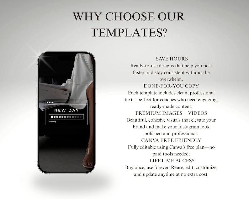 Może przedstawiać: Smartfon wyświetla ekran ładowania "NEW DAY", z tekstem "WHY CHOOSE OUR TEMPLATES?" powyżej. Obraz promuje gotowe projekty do medi&oacute;w społecznościowych, podkreślając kompatybilność z Canva i dożywotni dostęp.