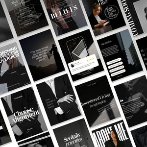 Könnte beinhalten: Eine Sammlung von schwarz-weißen digitalen Marketingvorlagen mit Textüberlagerungen. Die Vorlagen enthalten Sätze wie "Coaching Process Overview", "Intentional Living" und "Release Limiting Beliefs". Das Gesamtthema ist Business und Selbstverbesserung.