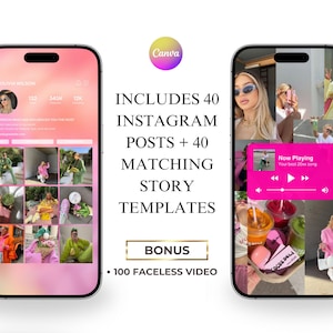 May include: Two smartphones displaying Instagram templates. One shows a profile with a pink and white gradient background and grid of photos. The other shows a collage of photos and a music player. Text reads: "INCLUDES 40 INSTAGRAM POSTS + 40 MATCHING STORY TEMPLATES".