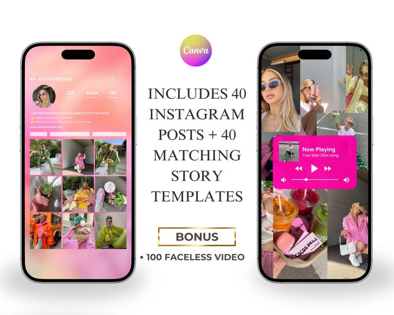 May include: Two smartphones displaying Instagram templates. One shows a profile with a pink and white gradient background and grid of photos. The other shows a collage of photos and a music player. Text reads: "INCLUDES 40 INSTAGRAM POSTS + 40 MATCHING STORY TEMPLATES".