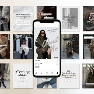 May include: A series of Instagram-style graphics with text overlays, including "How to create a digital presence that attracts and sells?" and "About Me." The images feature stylish individuals and motivational quotes.
