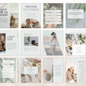 Könnte beinhalten: Eine Sammlung von hellen, minimalistischen Grafikdesign-Vorlagen mit Text. Die Vorlagen behandeln Themen wie Selbstpflege, persönliche Entwicklung und Coaching. Der Text enthält Sätze wie "Erschaffe das Leben, das du dir vorstellst" und "Sag Hallo zu deinem Coach".