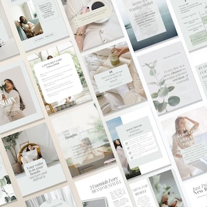 May include: A collection of lifestyle and self-care themed digital graphics. The images feature text overlays with phrases like "Our Story," "3 Essentials Every Brand Must Have," and "Achievable Goals for the Week." The color palette is soft and neutral.