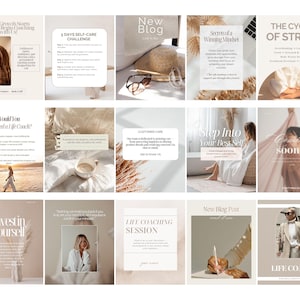 Peut inclure: Une collection de quinze mod&egrave;les de publications pour r&eacute;seaux sociaux avec une palette de couleurs neutres, une typographie serif et sans-serif, incluant un chapeau de paille, une tasse de caf&eacute;, une personne &eacute;crivant et des textes de coaching.