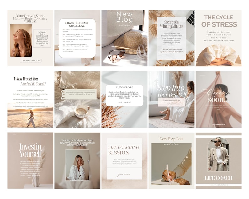 Peut inclure: Une collection de quinze mod&egrave;les de publications pour r&eacute;seaux sociaux avec une palette de couleurs neutres, une typographie serif et sans-serif, incluant un chapeau de paille, une tasse de caf&eacute;, une personne &eacute;crivant et des textes de coaching.