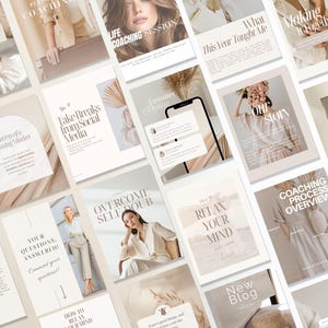May include: A collection of beige and white social media templates with text overlays. The templates feature phrases like "Life Coaching Session," "Take Breaks From Social Media," and "Relax Your Mind." The overall aesthetic is clean and modern, suitable for lifestyle or coaching content.