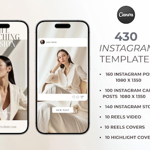 Peut inclure: Un ensemble num&eacute;rique de 430 mod&egrave;les Instagram Canva comprenant 160 publications, 100 carrousels, 140 stories, 10 vid&eacute;os reels, 10 couvertures de reels et 10 couvertures de highlights. L'image montre deux &eacute;crans de smartphone avec des mises en page.