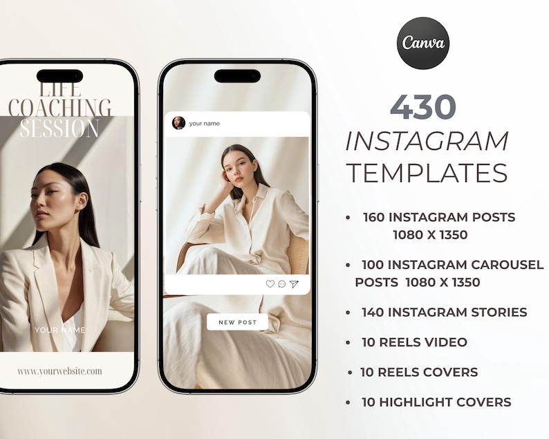 Peut inclure: Un ensemble num&eacute;rique de 430 mod&egrave;les Instagram Canva comprenant 160 publications, 100 carrousels, 140 stories, 10 vid&eacute;os reels, 10 couvertures de reels et 10 couvertures de highlights. L'image montre deux &eacute;crans de smartphone avec des mises en page.