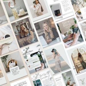 Op de afbeelding: Een verzameling sjablonen voor sociale media met lifestyle- en zakelijke thema's. De sjablonen bevatten afbeeldingen van mensen, tekstoverlays en ontwerpelementen. De tekst bevat zinnen als "Ons verhaal", "Nieuwe blog" en "Klantbeoordeling".