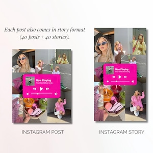 May include: A digital design for Instagram posts and stories. The design features a collage of images with a pink music player graphic that says "Now Playing". The text "Each post also comes in story format (40 posts + 40 stories)" is also visible.