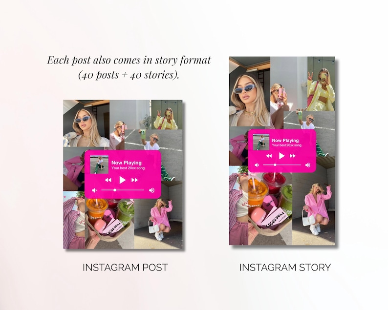 May include: A digital design for Instagram posts and stories. The design features a collage of images with a pink music player graphic that says "Now Playing". The text "Each post also comes in story format (40 posts + 40 stories)" is also visible.