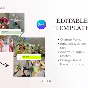 May include: An image showcasing a Canva template with the text "EDITABLE TEMPLATE". The template includes options to change fonts, edit text, add logos and photos, and modify the background color. The image also features photos of matcha drinks.