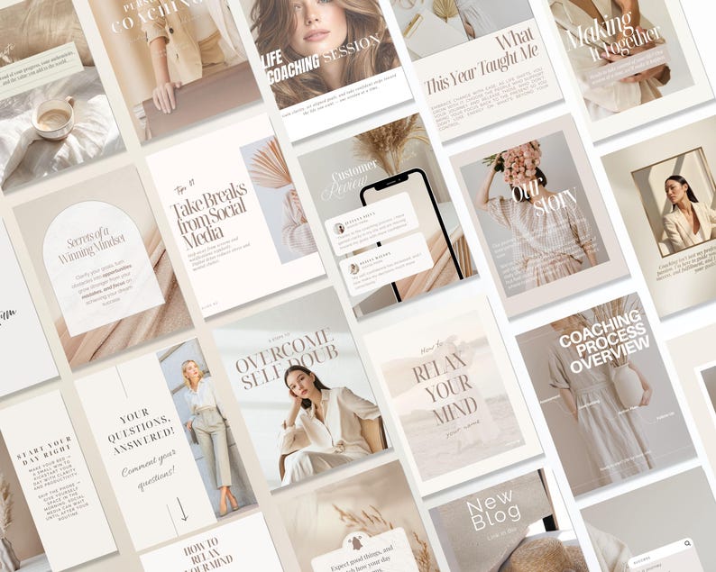 May include: A collection of beige and white social media templates with text overlays. The templates feature phrases like "Life Coaching Session," "Take Breaks From Social Media," and "Relax Your Mind." The overall aesthetic is clean and modern, suitable for lifestyle or coaching content.