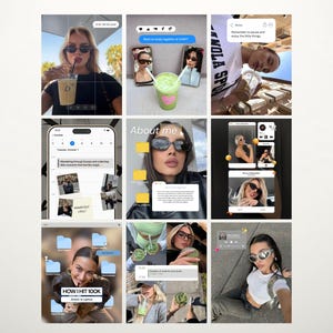 K&ouml;nnte beinhalten: Eine Collage aus neun Bildern mit Frauen mit Sonnenbrillen, Getr&auml;nken und Telefonbildschirmen. Die Bilder enthalten Textblasen, App-Oberfl&auml;chen und den Text "HOW I HIT 100K". Das Gesamtthema deutet auf Lifestyle- und Social-Media-Inhalte hin.
