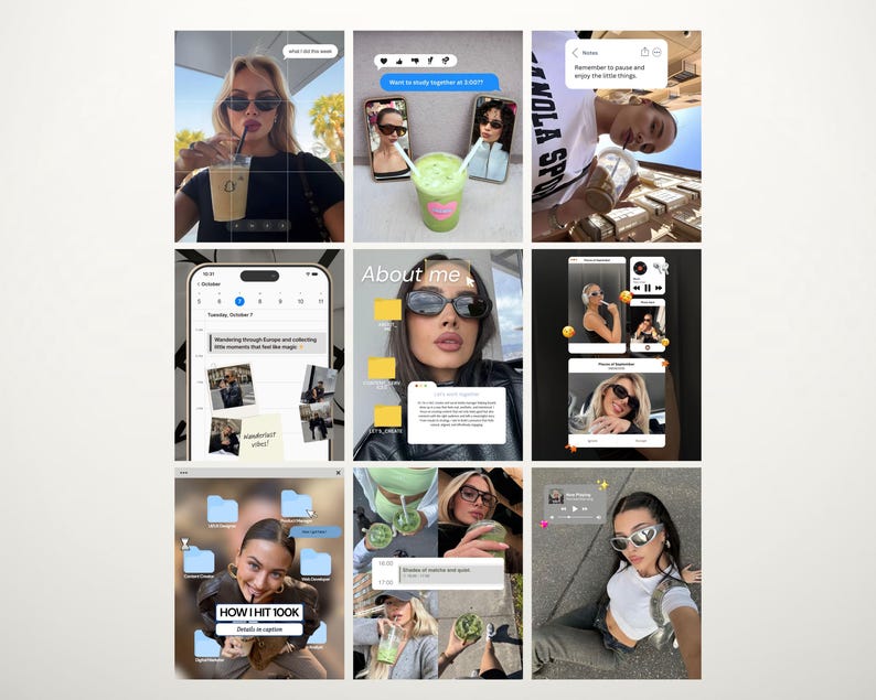 K&ouml;nnte beinhalten: Eine Collage aus neun Bildern mit Frauen mit Sonnenbrillen, Getr&auml;nken und Telefonbildschirmen. Die Bilder enthalten Textblasen, App-Oberfl&auml;chen und den Text "HOW I HIT 100K". Das Gesamtthema deutet auf Lifestyle- und Social-Media-Inhalte hin.