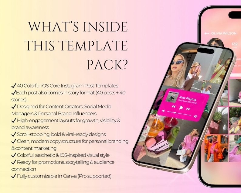 May include: Two smartphones displaying Instagram templates. The first phone shows a pink music player interface and a collage of images. The second phone shows a grid of images. Text on the image reads: "WHAT'S INSIDE THIS TEMPLATE PACK?"