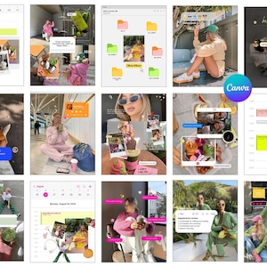 以下が含まれることがあります： ソーシャルメディア風の画像のコラージュ。画像には、吹き出し、カレンダーレイアウト、アプリのモックアップが含まれています。カラーパレットは明るく、ピンク、緑、黄色のアクセントがあります。画像は、さまざまなライフスタイルテーマを示しています。