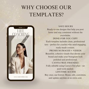 Peut inclure: Un smartphone affichant un mod&egrave;le num&eacute;rique intitul&eacute; LIFE COACHING SESSION avec une personne en blazer. Le texte liste les avantages : SAVE HOURS, DONE-FOR-YOU COPY, PREMIUM IMAGES + VIDEOS, CANVA FREE FRIENDLY et LIFETIME ACCESS sur fond beige.