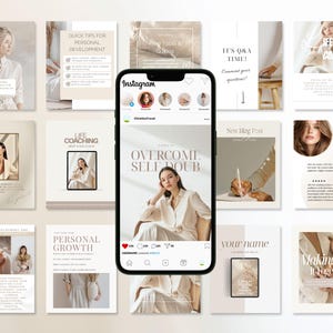 Peut inclure: Un smartphone affichant un fil Instagram compos&eacute; d'une grille de mod&egrave;les de r&eacute;seaux sociaux dans une palette de tons beige neutres. L'&eacute;cran pr&eacute;sente une publication intitul&eacute;e Overcome Self Doubt avec une personne en chemise cr&egrave;me.