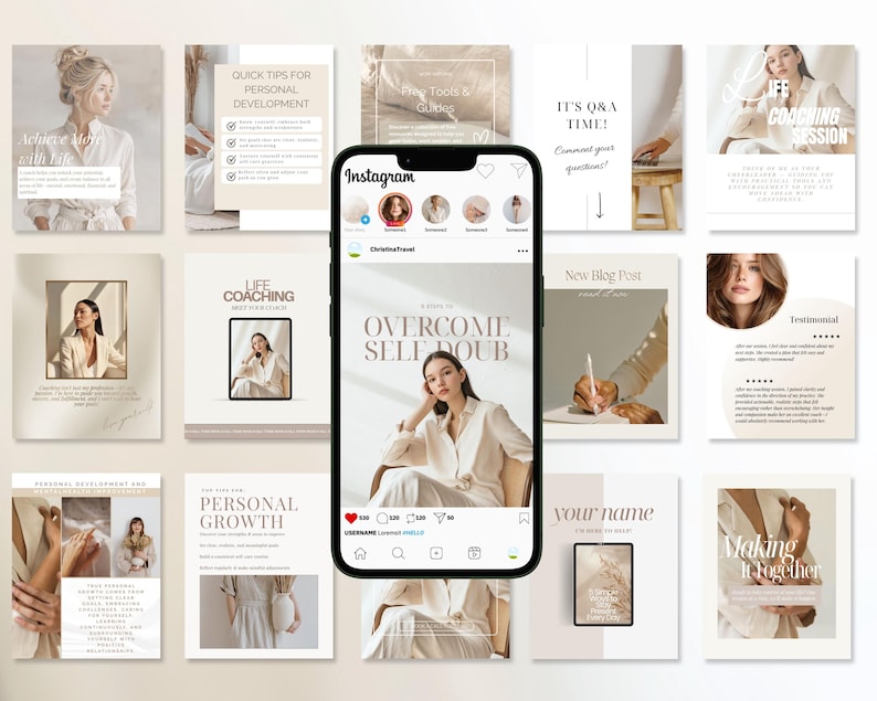 Peut inclure: Un smartphone affichant un fil Instagram compos&eacute; d'une grille de mod&egrave;les de r&eacute;seaux sociaux dans une palette de tons beige neutres. L'&eacute;cran pr&eacute;sente une publication intitul&eacute;e Overcome Self Doubt avec une personne en chemise cr&egrave;me.