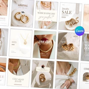 Peut inclure: Une collection de modèles pour réseaux sociaux présentant des bijoux dorés, notamment des boucles d'oreilles créoles, des colliers à maillons épais et des bracelets superposés. Les designs incluent des textes comme Jewelry Sale et New Arrival.