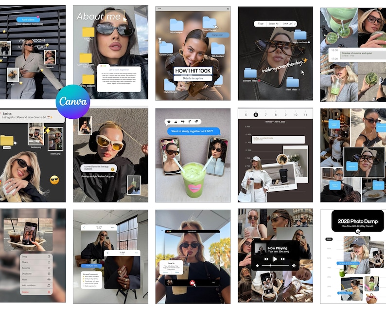 May include: A collage of images featuring women with sunglasses, drinks, and digital interface overlays. The images include text bubbles, folder icons, and the Canva logo, creating a modern, social media-inspired aesthetic.