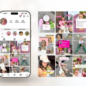 May include: A smartphone screen displaying an Instagram profile with a grid of colorful photos. The profile shows 75 posts, 237k followers, and 240 followings. The interface includes options to edit the profile and share the profile.