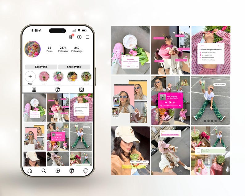 May include: A smartphone screen displaying an Instagram profile with a grid of colorful photos. The profile shows 75 posts, 237k followers, and 240 followings. The interface includes options to edit the profile and share the profile.