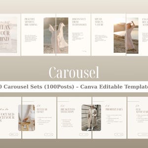 Peut inclure: Un ensemble de 20 mod&egrave;les de carrousel Canva modifiables comprenant 100 publications. Les designs pr&eacute;sentent des fonds beige neutre avec une typographie serif, du texte explicatif et des espaces r&eacute;serv&eacute;s pour des photos de personnes.