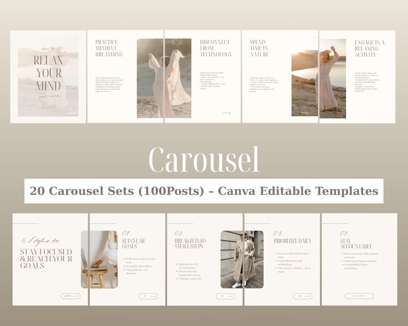 Peut inclure: Un ensemble de 20 mod&egrave;les de carrousel Canva modifiables comprenant 100 publications. Les designs pr&eacute;sentent des fonds beige neutre avec une typographie serif, du texte explicatif et des espaces r&eacute;serv&eacute;s pour des photos de personnes.