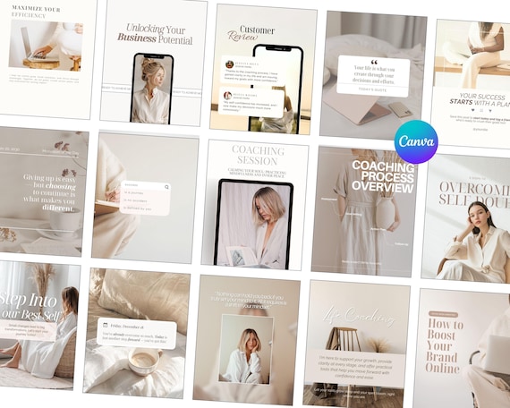 Mega Coaching Instagram Template Bundle, Minimalist Beige Aesthetic for Coaches Canva Templates, Social Media Coach