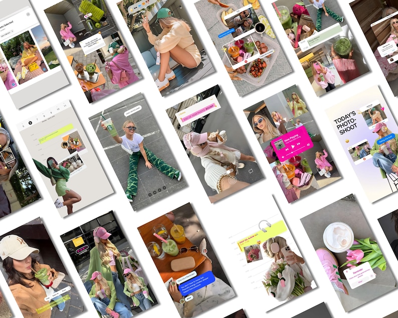 May include: A collage of various social media posts and images, featuring people, food, and drinks. The images include text bubbles, food arrangements, and people in various outfits. The color palette is bright and modern, with a focus on lifestyle and fashion.