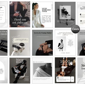 May include: A collection of social media posts with minimalist designs. The posts cover topics like self-care, branding, coaching, and personal growth. Each post features text and images, with a consistent black, white, and gray color scheme.