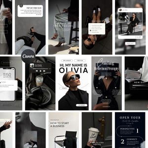 Peut inclure: Un collage de publications sur les réseaux sociaux en noir et blanc, avec des superpositions de texte et des images. Les publications incluent des phrases telles que "Tip of the Day", "Hi, My Name is Olivia" et "How to Start a Business". Le thème est le business et le lifestyle.