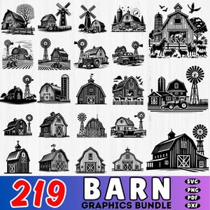 219 Barn SVG Bundle | Farmhouse DXF Cut Files | Rustic Barn Clipart | Country Life Silhouette | Cricut Farm Scene PNG Designs