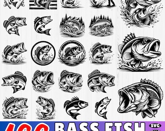 166 Bass Fisch SVG Bundle | Angeln DXF-Schnittdateien für Cricut | Forellenbarsch Clipart | Angler SVG Design | Leben am See Png Set