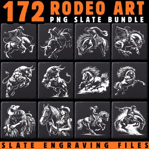 May include: A digital collection titled 172 Rodeo Art PNG Slate Bundle featuring twelve square tiles with white line art illustrations of cowboys, cowgirls, bucking bulls, and horses on a dark gray slate background for engraving projects.