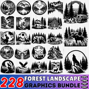 May include: A collection of 228 black and white forest landscape graphics. The images include illustrations of wildlife, mountains, trees, and outdoor scenes. The text "FOREST LANDSCAPE GRAPHICS BUNDLE" is displayed below the images.