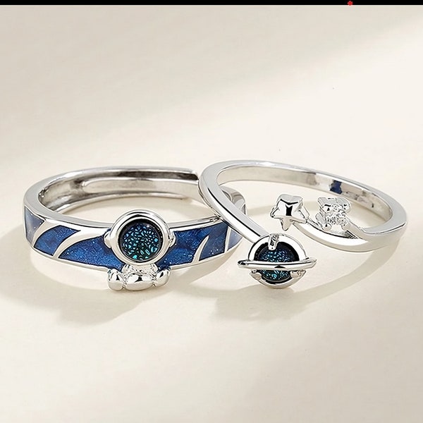 Handmade Premium Astronaut Couple Rings adjustable size, for women men modern elegant jewelery promise rings relationship love sweet