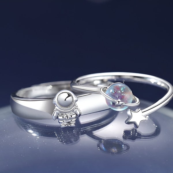 Handmade Premium Couple Rings astronaut moon stone adjustable size for women men gift him her love relationship