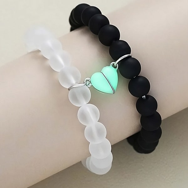 Handmade Premium Couple Beaded Bracelets with glow in the dark magnetic heart charm one size gift him her Trendy jewelery love, friendship